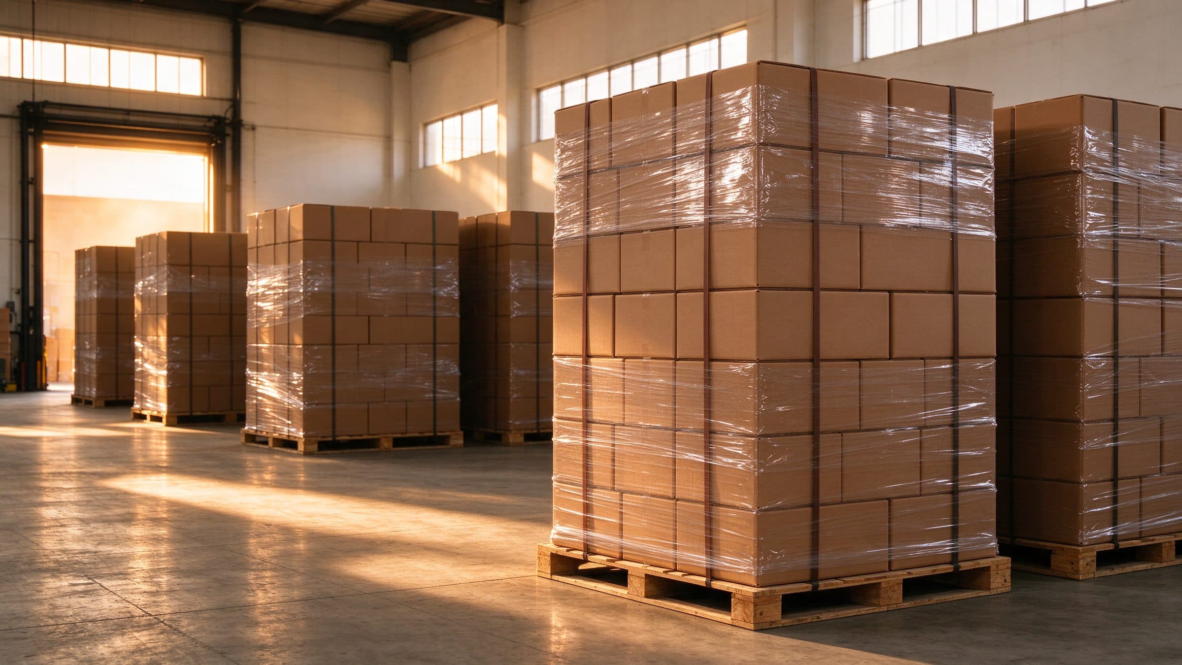 Palletised export cartons in warm warehouse light