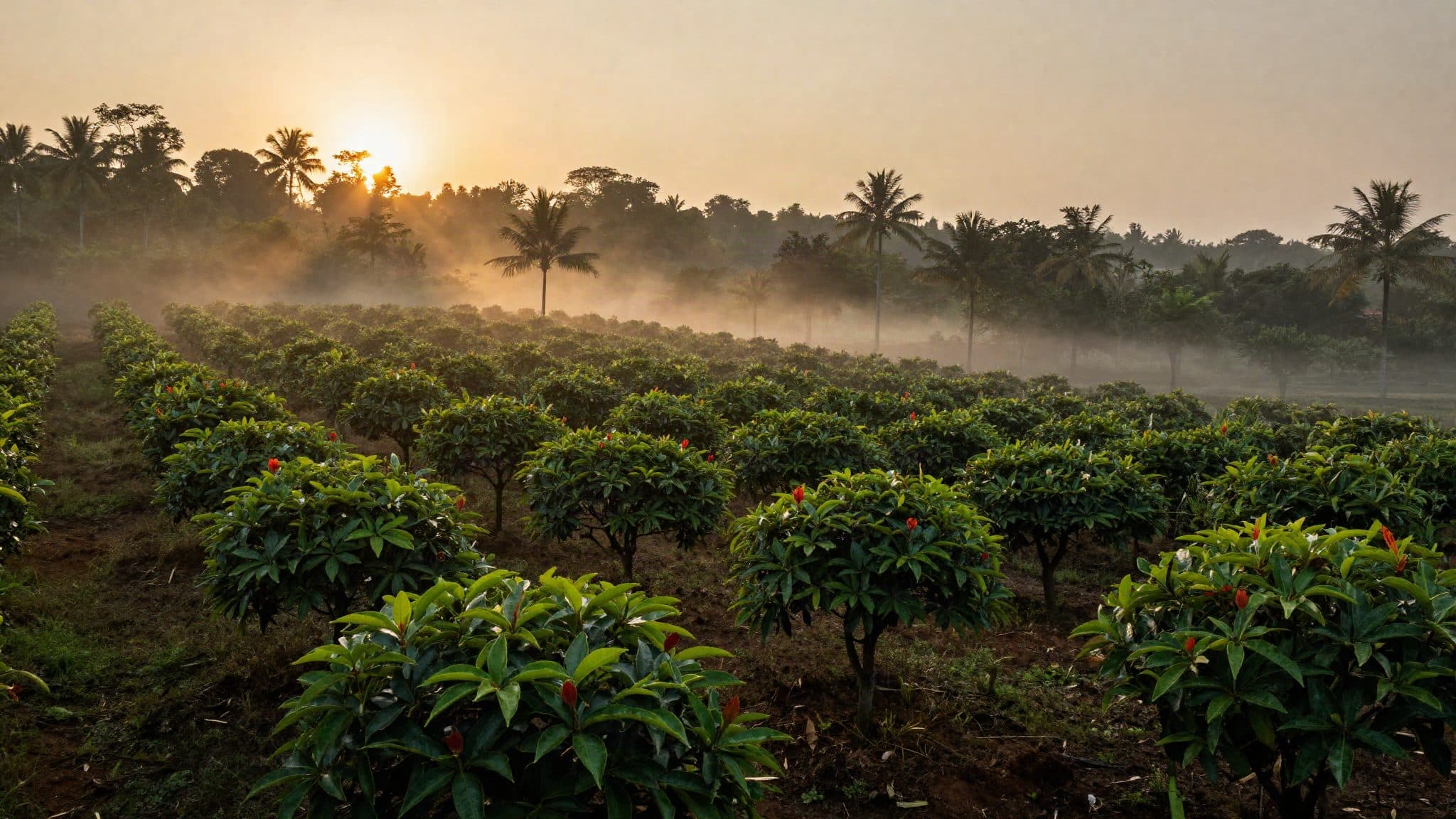 Sri Lankan cinnamon plantation at sunrise — morning mist, lush foliage, golden light