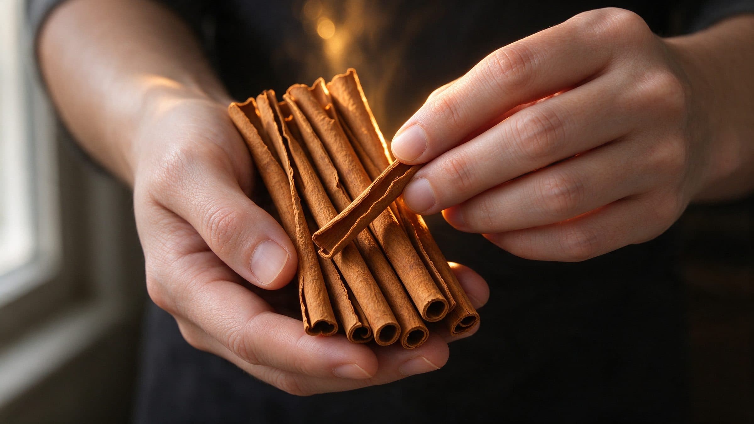 Hands inspecting cinnamon quills against natural light