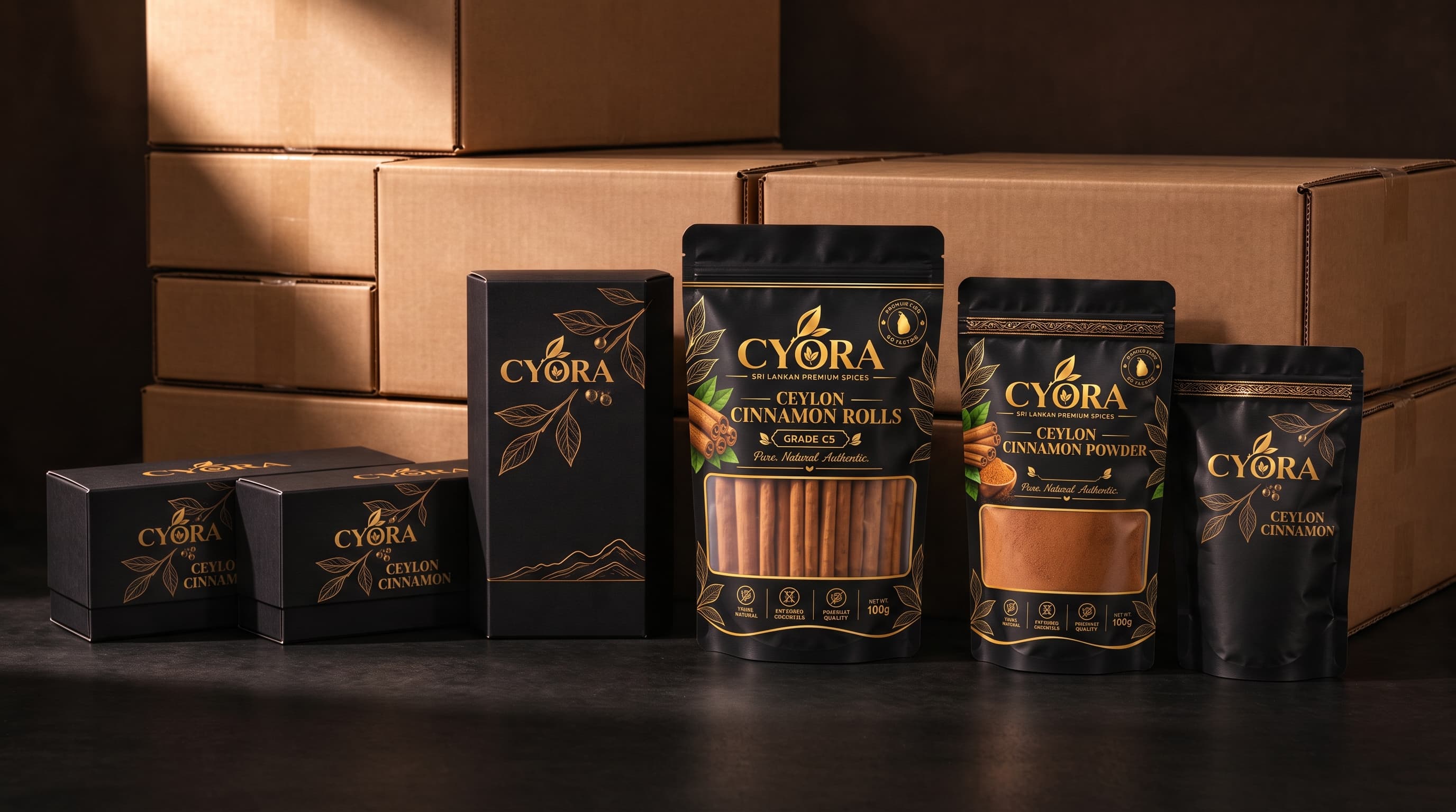 Packaging concept: unbranded matte-black boxes and pouches with gold linework, beside plain export cartons