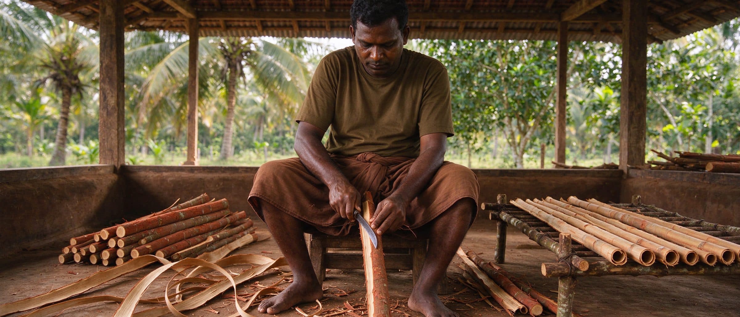 Skilled cinnamon peeler working with quills (illustrative — not a CYORA facility)