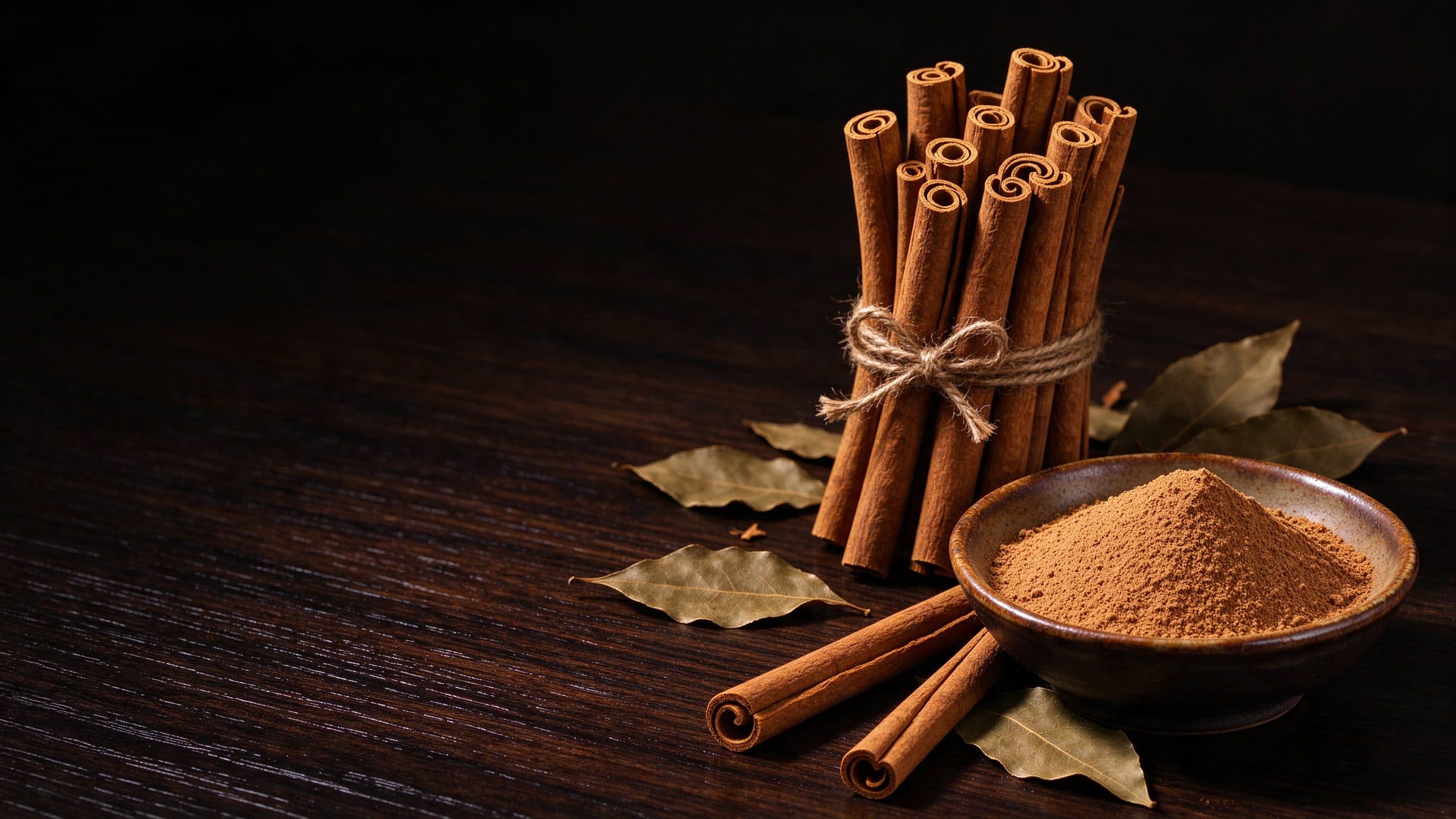 Cinnamon products carefully arranged on dark wood