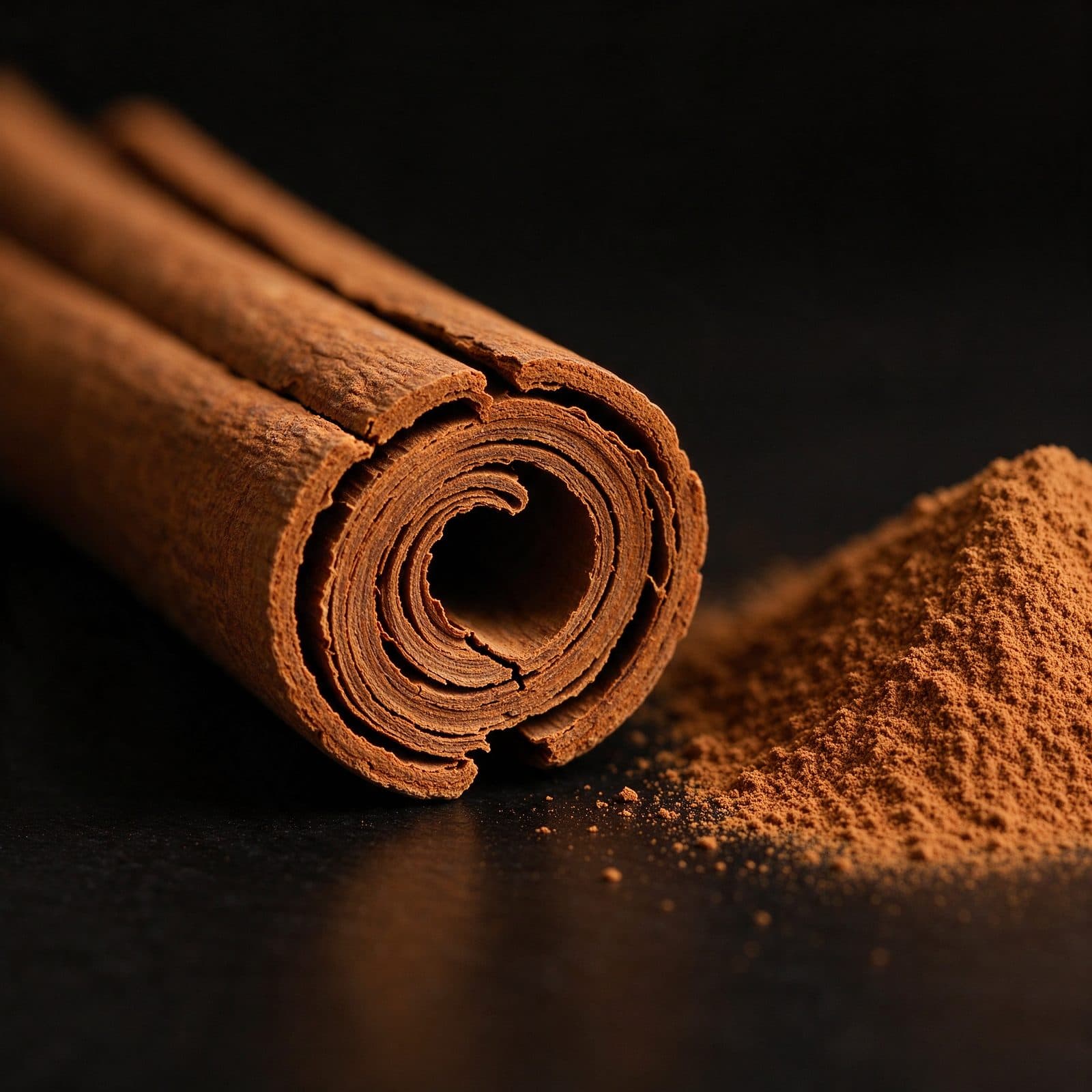 Macro of a layered Ceylon quill cross-section beside fine powder