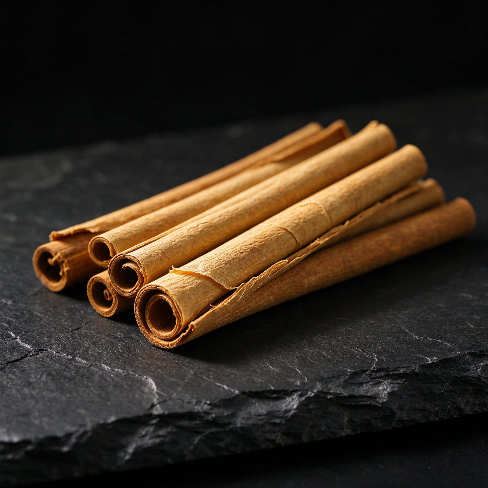 Ceylon cinnamon quills arranged on dark natural stone
